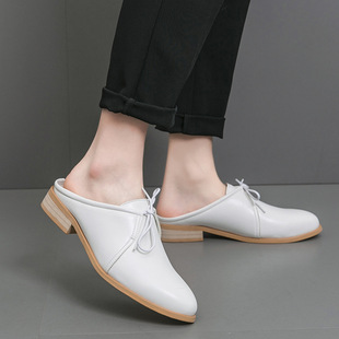 Half Slippers for Men 2024 Summer New Large Size White Casual Leather Shoes Without Heel Lazy Baotou Half-Cup Trendy Shoes
