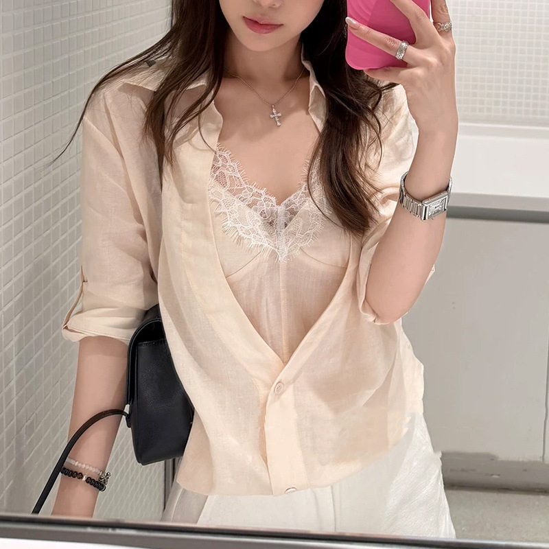 2026 Relaxation Code Fake Two-Piece Lace Ramie Tencel Mid-Sleeve Sunscreen Shirt Top 2026 Relaxation Code Fake Two-Piece Lace Ramie Tencel Mid-Sleeve Sunscreen Shirt Top