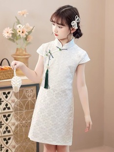 Girls' Ethnic Style Improved Cheongsam for Primary School Students Western Style Slim-fit Fashion Cute Short-sleeved Lace Dress Princess Dress