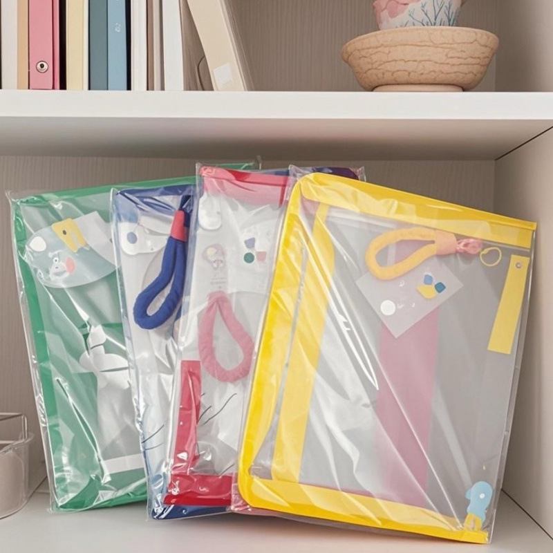 Bolso de archivo portátil con cremallera de color de contraste transparente A4 portátil para estudiantes universitarios Bolsa de almacenamiento de datos de papel de prueba de libro de texto