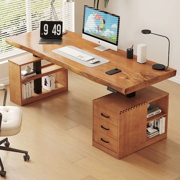 Log Large Board Table Solid Wood Electric Lift Table with Drawer Storage Home Smart Desk Medieval Solid Wood Desk