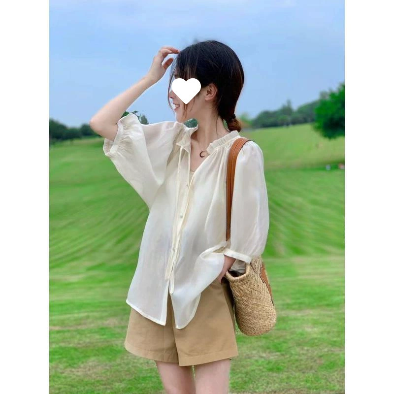 Французская рубашка с короткими рукавами Tian шелк женская летняя летняя пузырьковая рукава шифоновая рубашка с полукрукавом