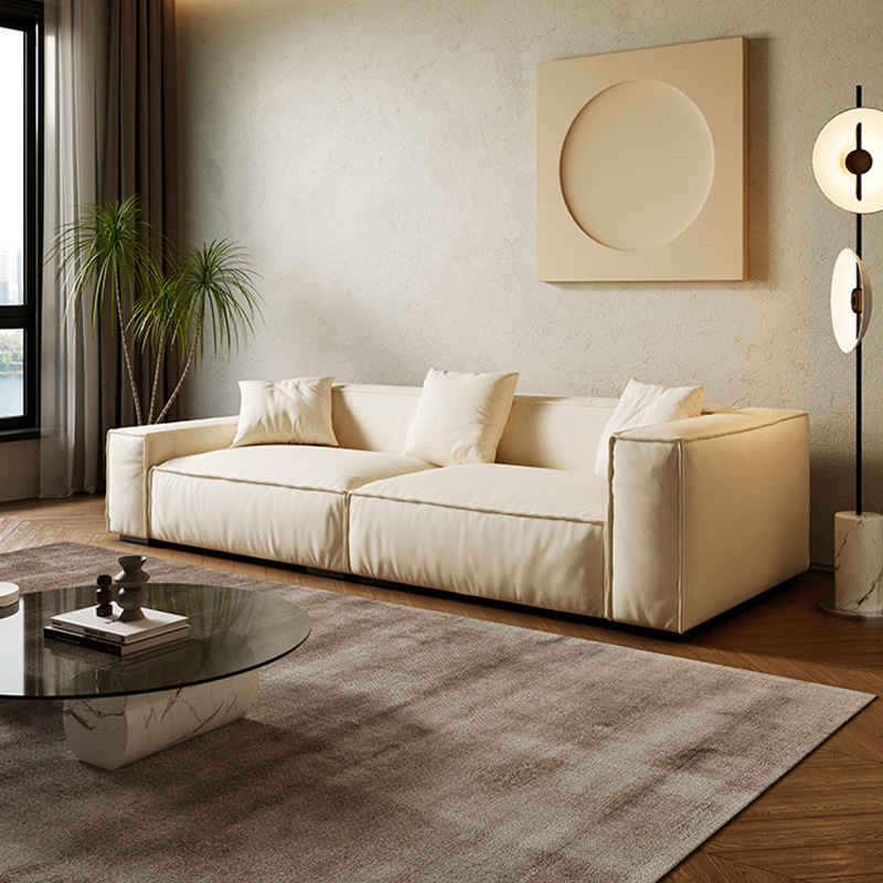 Sofá de cuero genuino estilo tofu italiano para sala de estar, combinación artística moderna minimalista de tres plazas en cuero de grano superior, lujo ligero moderno.