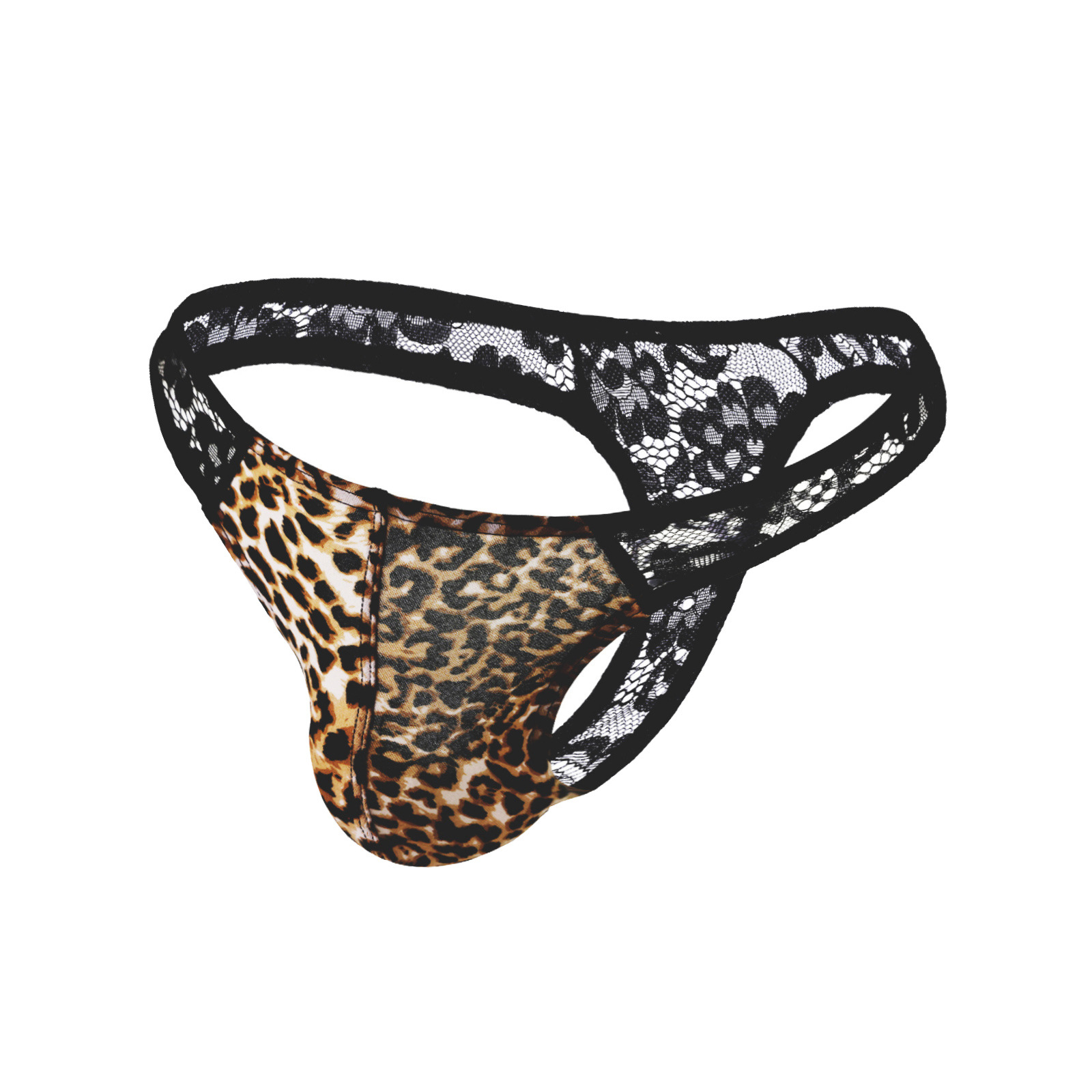 New Men's Thong Lace Leopard Print Splicing Underwear Low Waist See-Through Cut Out U Convex Bag Bikini Thong