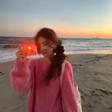 现 韩国小众th*barnnet八奶粉色麻花毛衣韩系女装甜美圆领针织衫