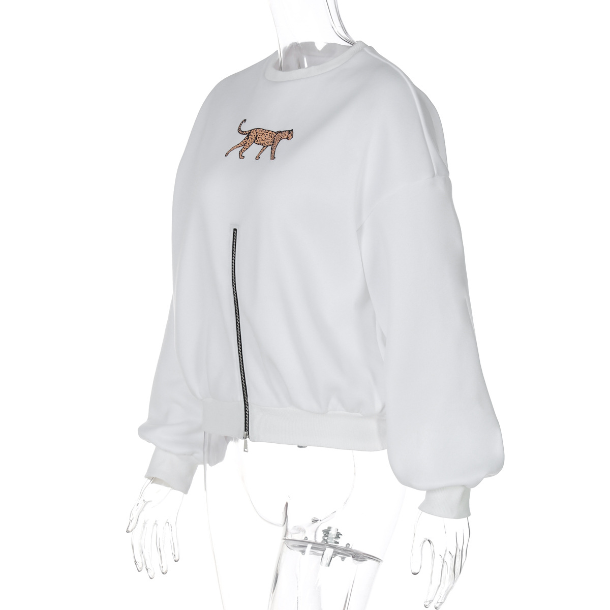 Women Clothing Winter round Neck Zipper Leopard Print Long Sleeve Loose Fitting Casual Pullover Coat