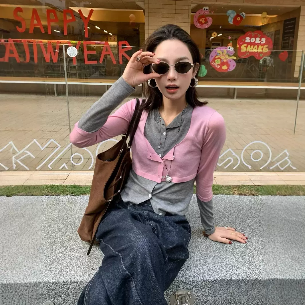 新款叠穿感百搭显瘦拼接设计桑蚕丝羊毛假两件撞色针织开衫女5106