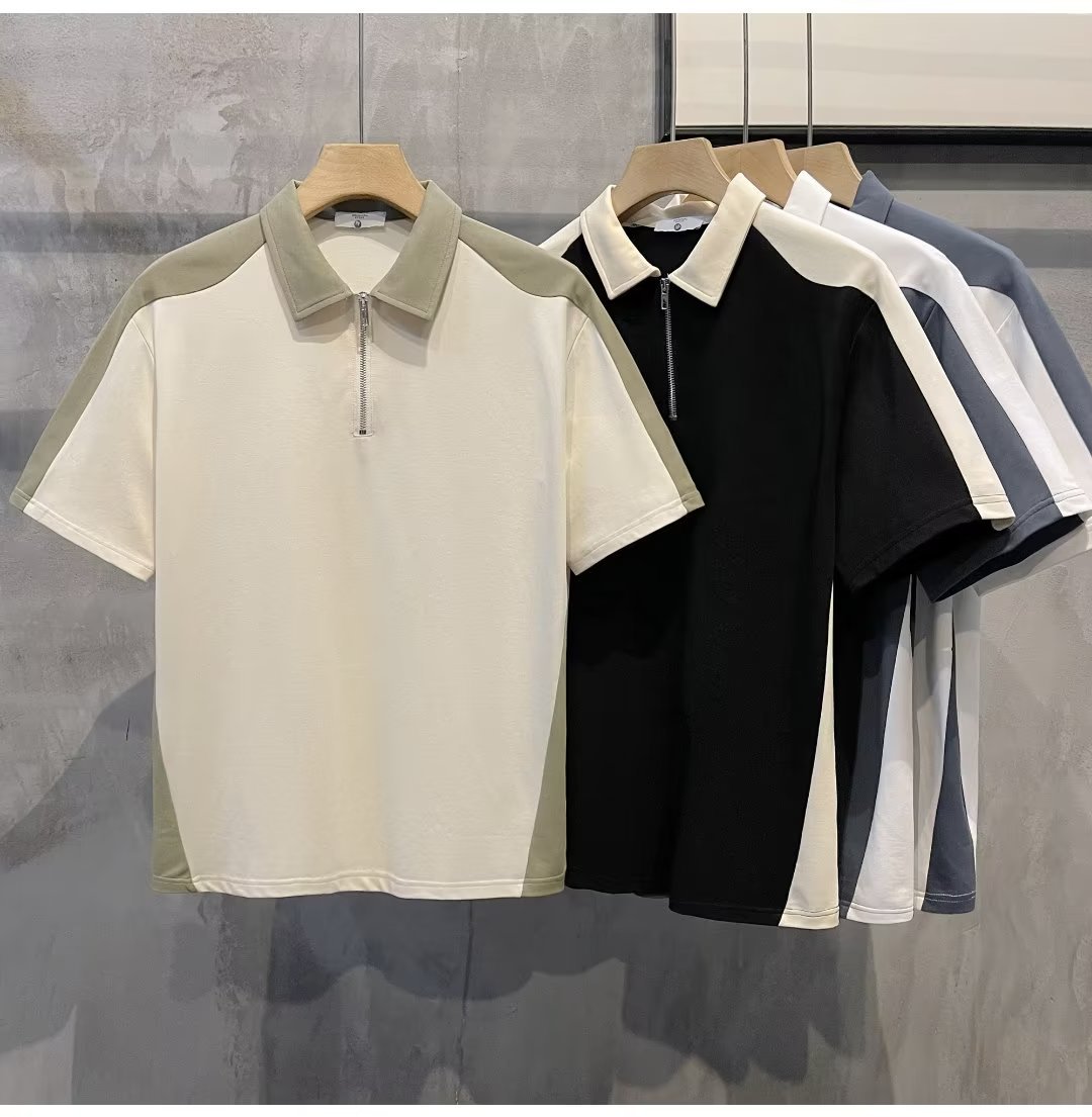 2026 New Style Color-Blocked Loose Half-Zip Short-Sleeved Top Summer Style Men's Casual British Style Polo Shirt Top