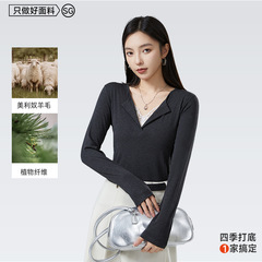 V领假两件蕾丝拼接打底衫女10A抗菌亲肤羊毛加热德绒保暖长袖T恤