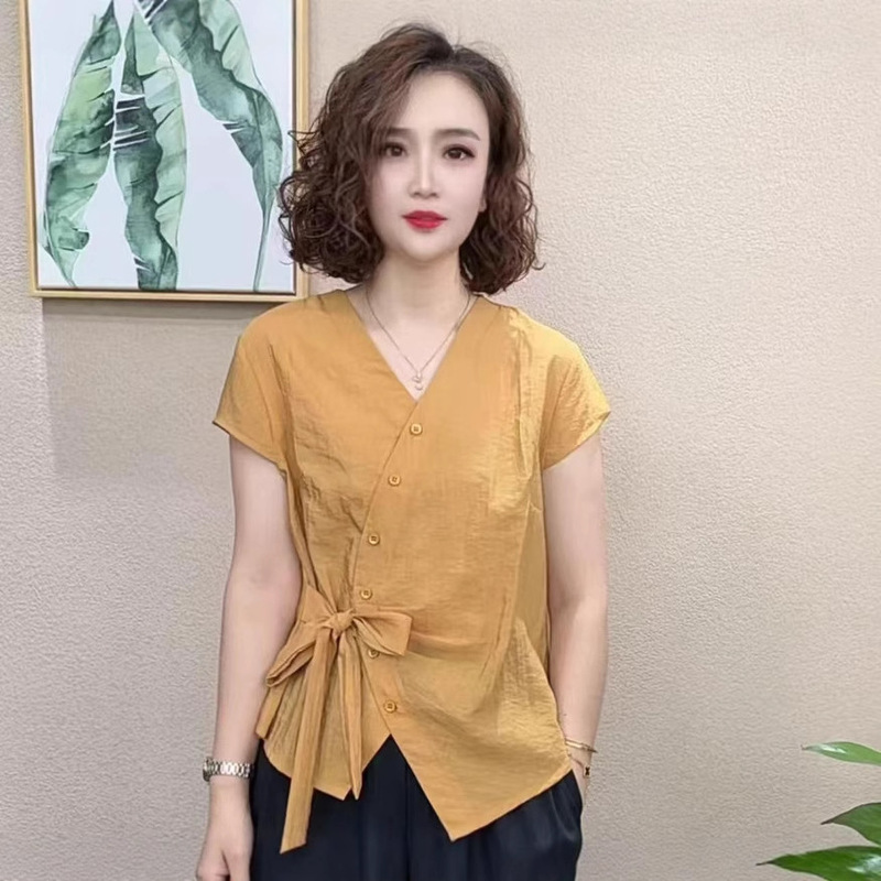 2025 夏の新スタイル重工業不規則なデザイン半袖ファッションストラップ V ネック Tシャツ女性の痩身トップス|undefined