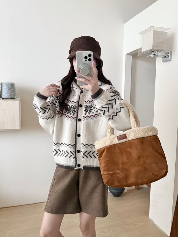 韩系复古提花连帽毛衣外套女秋冬单排扣设计感软糯慵懒风针织开衫|undefined