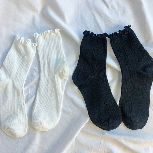 Summer thin solid color fungus rimmed socks women's jk medium tube socks ins trendy Japanese white lace breathable pile socks