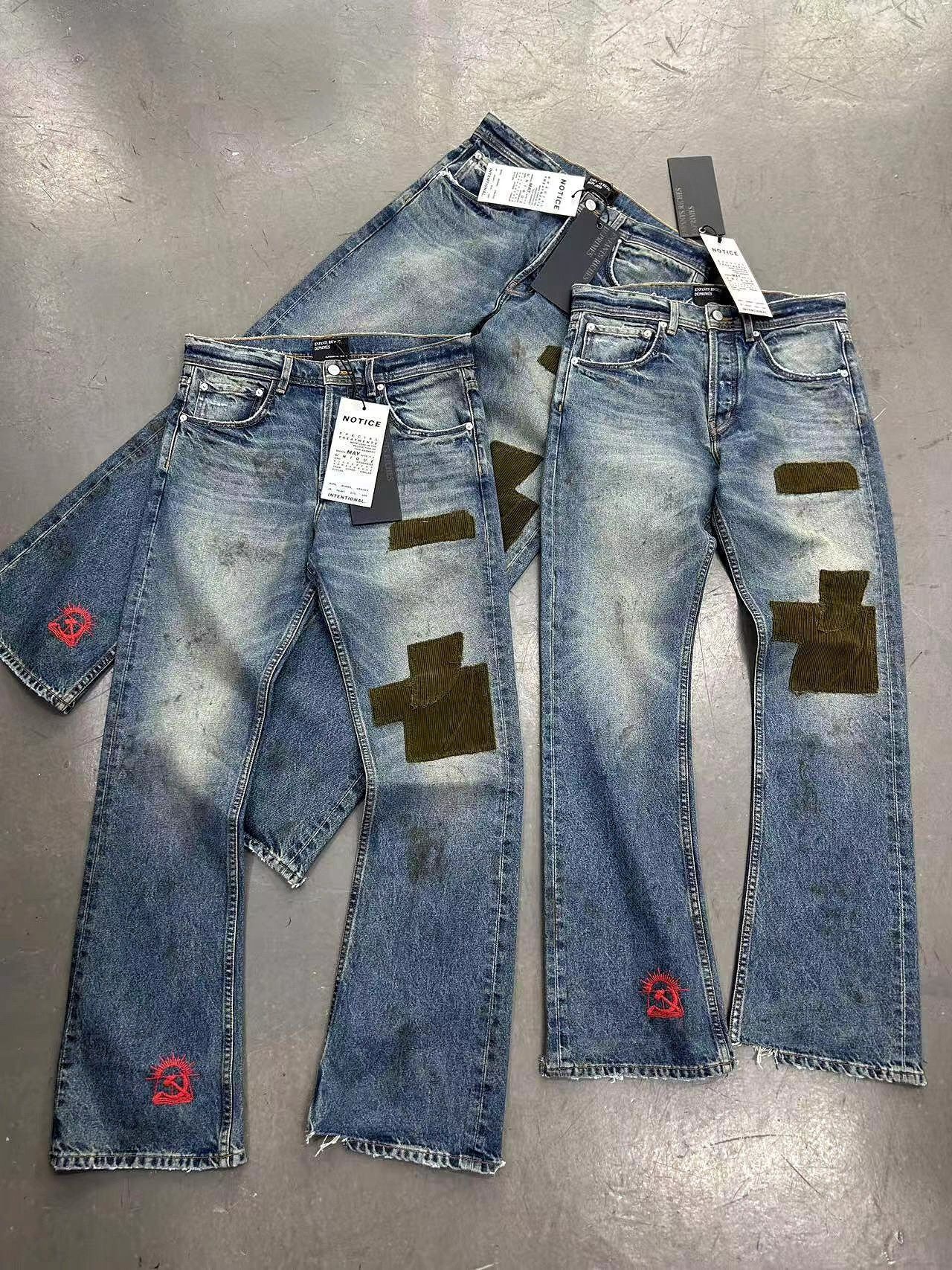 Men's Clothing Heavyweight Flared Jeans With Distressed Corduroy Patches, Washed And Styled Slim Fit And Casual Look._mkmklike.com