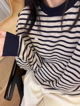 秋季新款条纹毛衣女美式圆领卫衣宽松超好看上衣