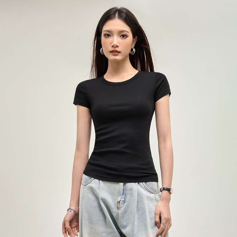 Trendy Short-Sleeve T-Shirt for Women 2026 Spring/Summer New Solid Color Versatile Simple Round Neck Slim Fit Inner Top