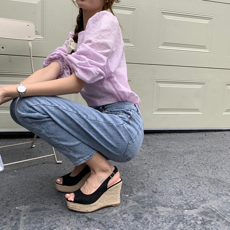 Women's Summer Wedge Sandals Straw Woven Platform Peep Toe_voghion.com