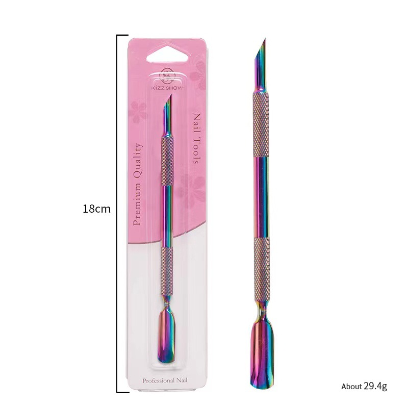 Belleza de uñas transfronteriza Empuje de acero Biselado de acero inoxidable de doble cabeza Empuje de acero grande eliminación de piel muerta herramienta de eliminación de uñas color colorido