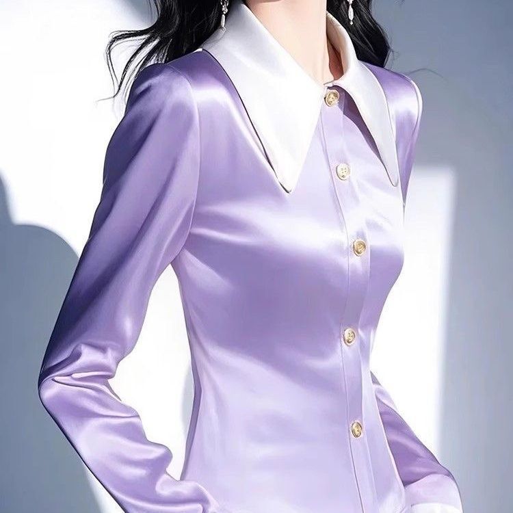 Autumn and Winter Sweet Hottie Lapel Purple Satin Shirt Women's Design Is Super Nice Commuter Waist Long-Sleeved Top Autumn and Winter Sweet Hottie Lapel Purple Satin Shirt Women's Design Is Super Nice Commuter Waist Long-Sleeved Top