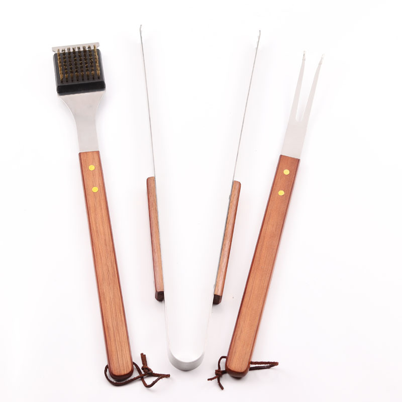 [Fuente de fábrica] herramientas de barbacoa 3 piezas de acero inoxidable mango de madera parrilla traje parrilla cepillo de limpieza