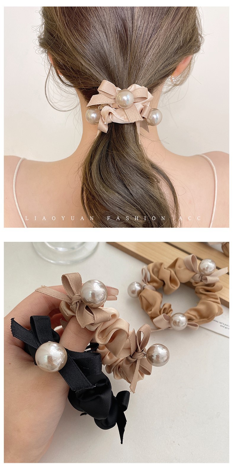 Fashion Solid Color Cloth Pleated Inlay Pearl Hair Tie 1 Piece display picture 1