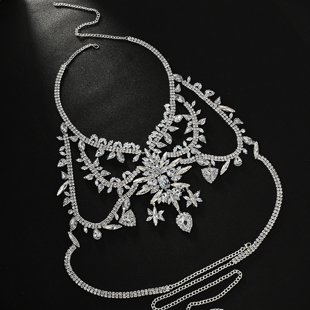 Cross-border nueva cadena de pecho sexy exagerada cadena de cuerpo de diamante de lujo vestido accesorios de cuerpo cadena image 3