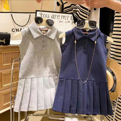 Girls' Summer 2024 New Fashion College Style Sleeveless Pleated Skirt Polo Dress Children Princess Dress Trendy