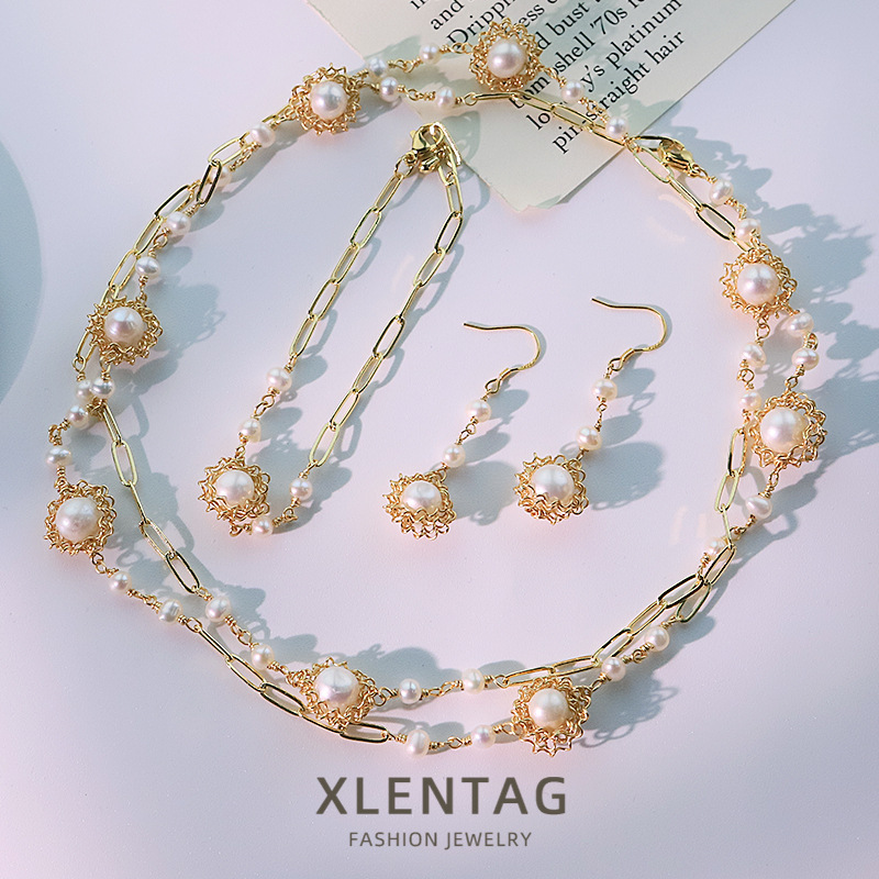 Flores de perlas naturales ganchos de auriculares pulseras collares conjunto de aretes dulces de alta calidad joyas al por mayor