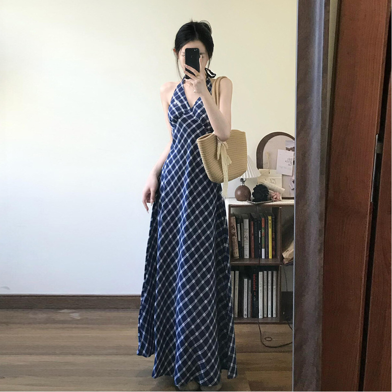 Tall 172 Long Summer French Neck V-Neck Sling dress Elegant Slim Blue Plaid Dress