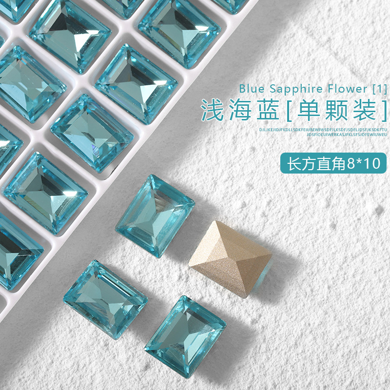 K9 cristal diamante arte de uñas luz mar azul puntiagudo fondo especial en forma de diamante oval torcido melocotón corazón ángulo recto grasa cuadrada joyería de uñas de vidrio