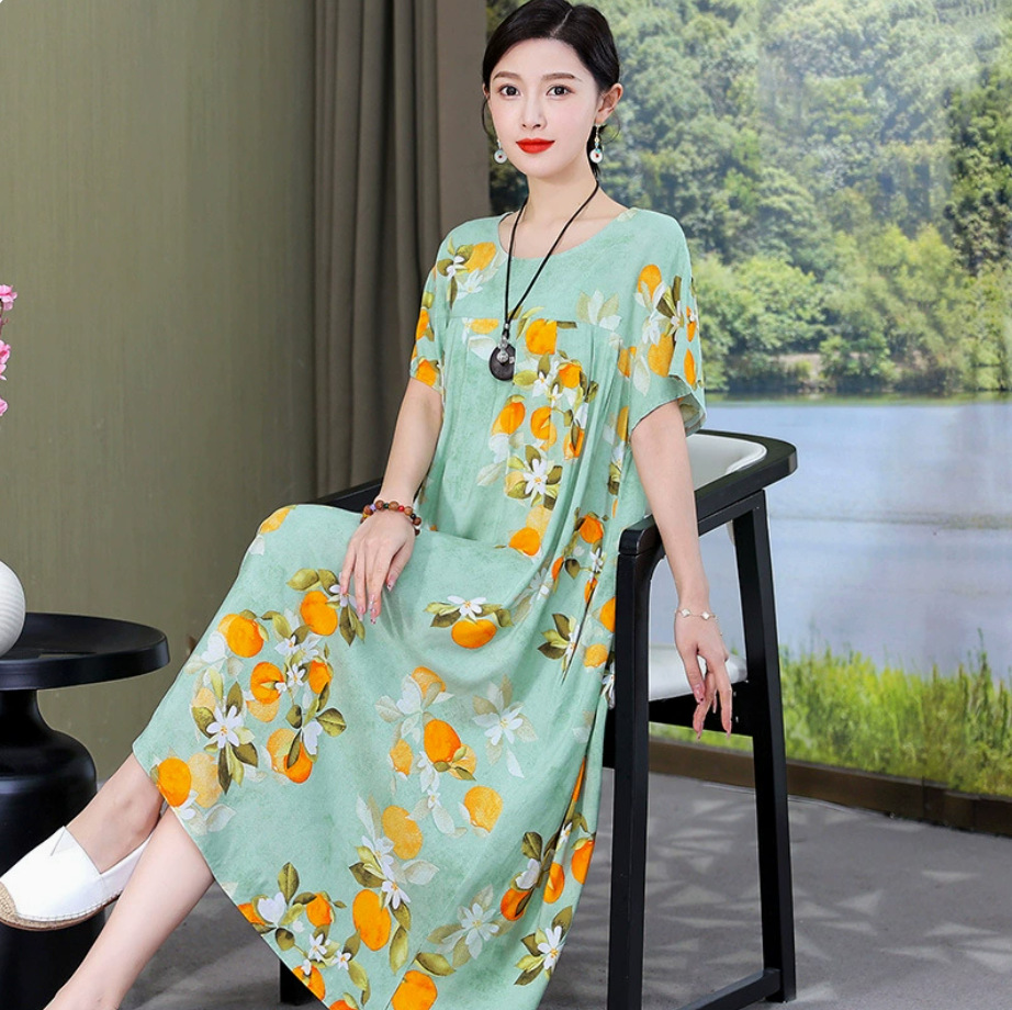 新款气质中年妈妈款时尚棉绸连衣裙女夏季加肥加大码大摆长裙