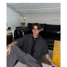 春秋新款ins日系复古条纹百搭衬衫男长袖宽松翻领学生休闲衬衣潮