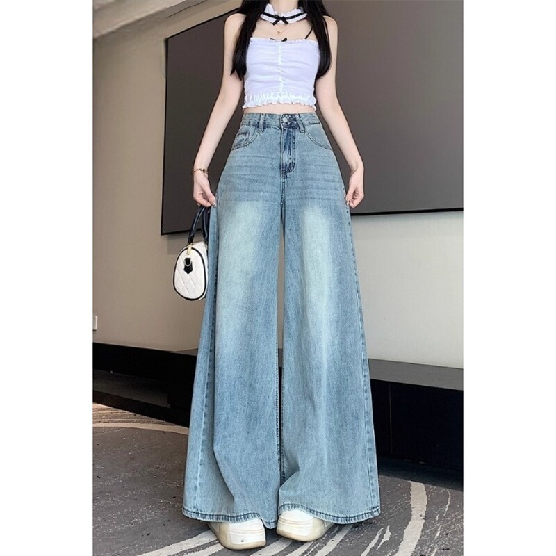Autumn and Winter Fleece-Lined Wide-Leg Jeans for Women, Petite High-Waisted Slimming Drapey Loose Straight-Leg Floor-Length Pants Trendy