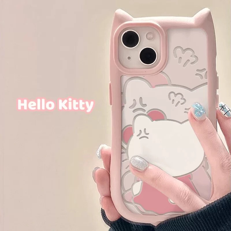 Pink Kt Cat Apple 17Promax Phone Case Iphone16 Anti-Fall 13 Female X Cartoon 15 Cat Ears Silicone