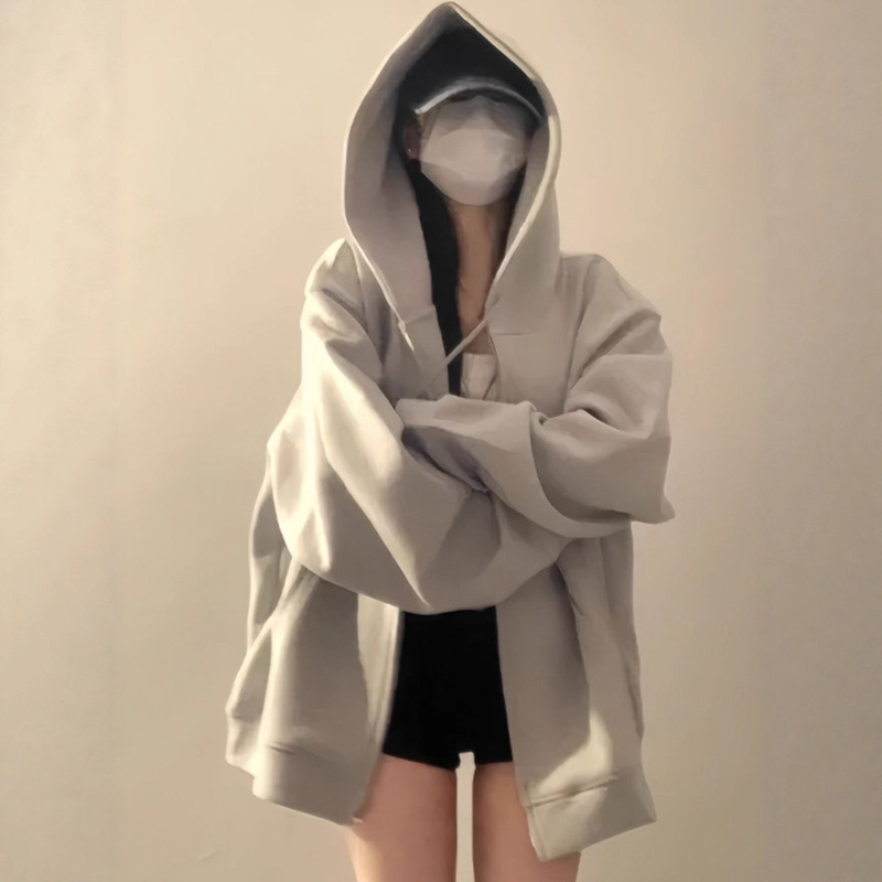 Gray Autumn Winter Women Sweatshirtss Korean Style Loose Bf Zipper Hooded Cardigan Coat Female