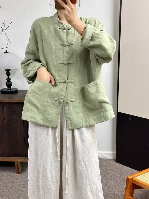 新中式女装高品质亚麻上衣女纯色文艺复古对襟衬衫女中式改良茶服|undefined