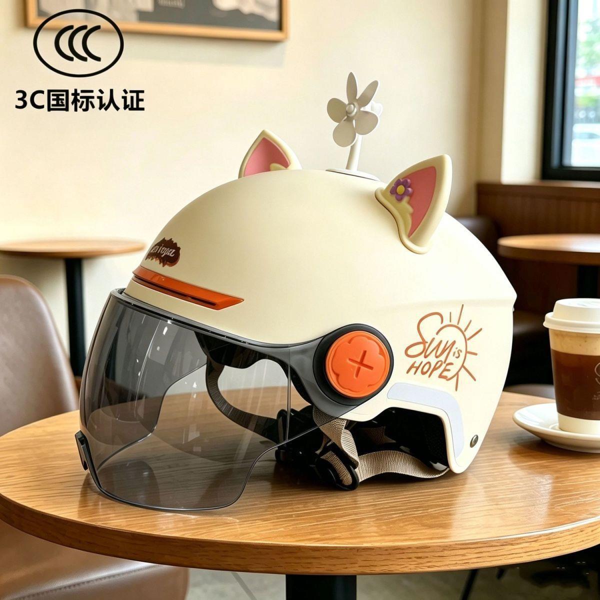 Newly certified electric motorcycle helmet for men and women, cute cat ears for summer, new national standard, all-season electric scooter safety helmet