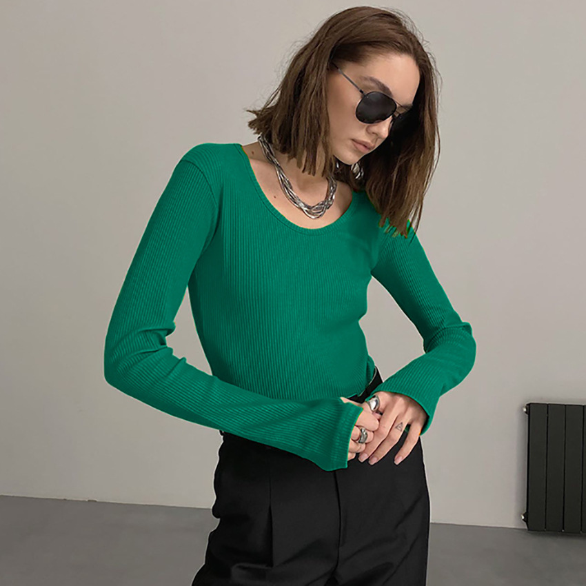 long-sleeved slim round neck solid color knitted T-shirt NSSQS124375