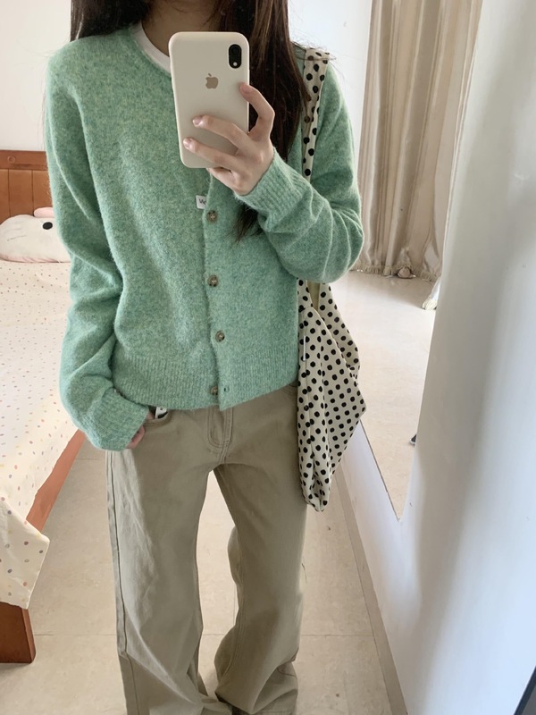 韩系小个子穿搭绿色早秋季开衫毛衣外套女宽松百搭软糯针织衫上衣|undefined