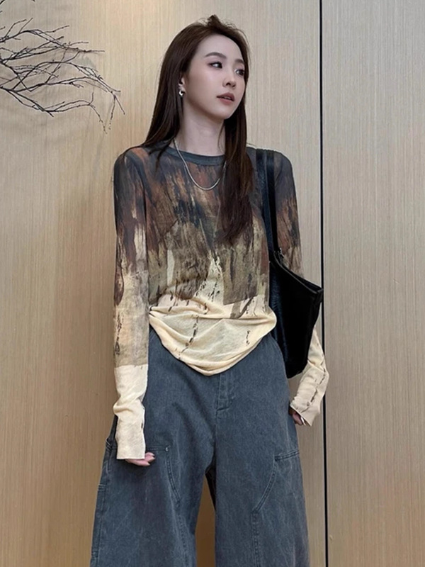 韩系高级感穿搭巨好看小上衣复古晕染渐变长袖t恤女独特别致早秋|undefined