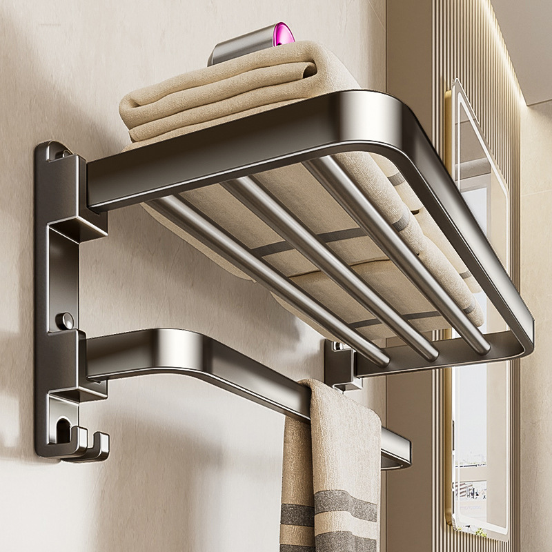 Bathroom Bath Towel Rack Wall Hole-free Wall-mounted Towel Integrated Hanger Bathroom Bathroom Storage Shelf Bathroom Bath Towel Rack Wall Hole-free Wall-mounted Towel Integrated Hanger Bathroom Bathroom Storage Shelf