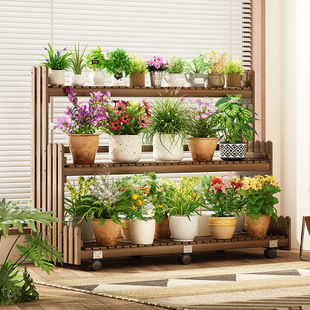 Solid Wood Flower Rack Pastoral Style Movable Storage Rack Balcony Living Room Floor-standing Multi-layer Plant Flower Bracket