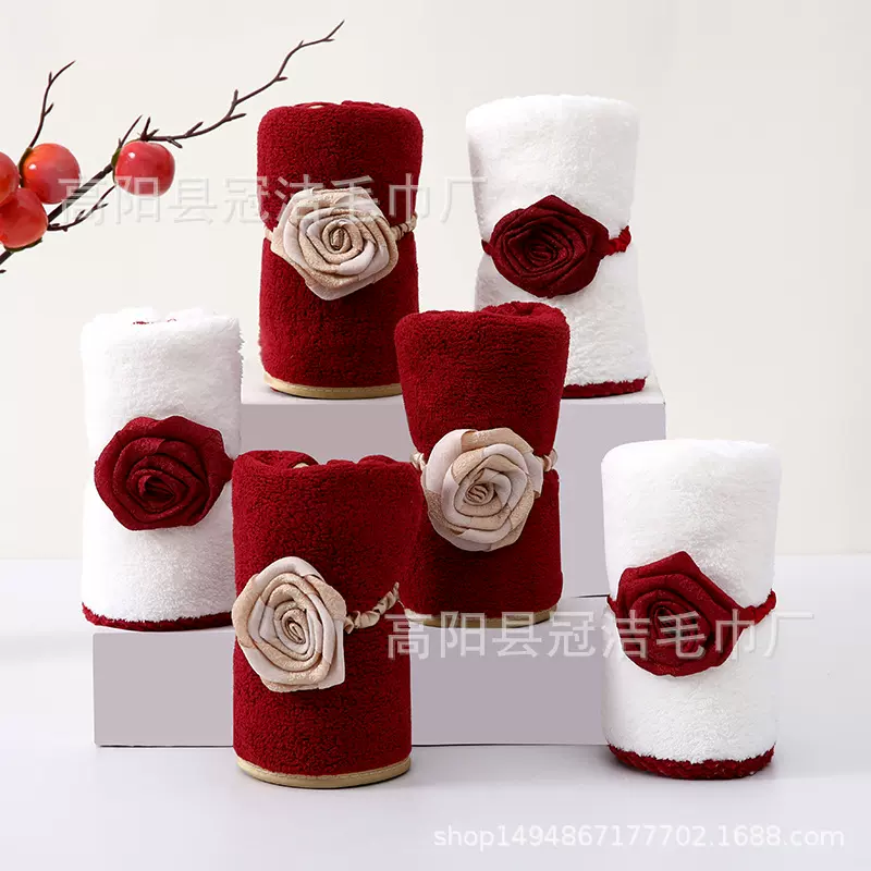 珊瑚绒毛巾玫瑰头花节日订婚结婚福利小节日伴手礼纪念礼品毛巾