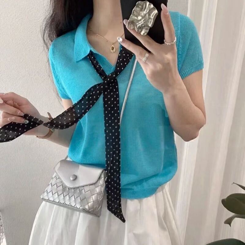 2026 Casual Simple Oatmeal-Colored Collared Short-Sleeved Knitwear Women's Summer Loose Fashionable Stylish Top Gray 2026 Casual Simple Oatmeal-Colored Collared Short-Sleeved Knitwear Women's Summer Loose Fashionable Stylish Top Gray