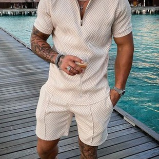 2022 cross-border European and American men's new independent station supply casual contrast color POLO zipper POLO shirt short sleeve suit