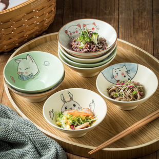 Underglaze color bamboo hat rice bowl small size soup bowl ceramic bowl cute cartoon household tableware Japanese rice bowl win new moon