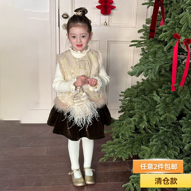 [Плюс] Девушка в китайском стиле атласный жаккард утолщенный жилет зимний ребенок новый китайский чонсам жилет новогодний костюм