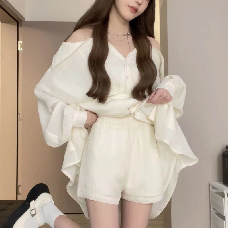 夏季女装连衣裙女2025流行裙子套装杏色温柔长袖短裙露肩字裙|undefined