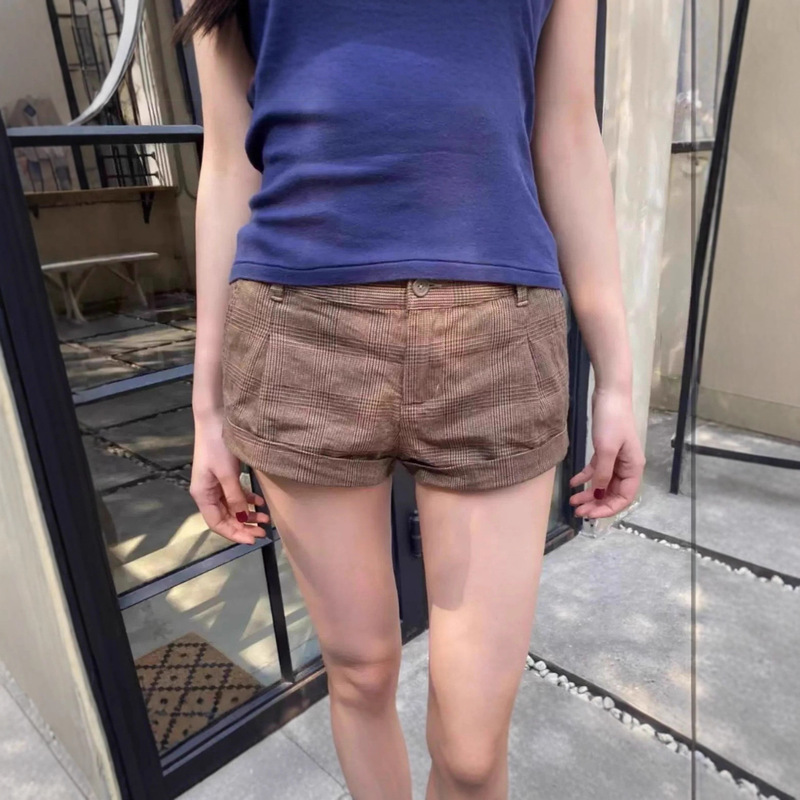 Bm Shorts New American Retro Spicy Girl Brown Plaid Shorts Bm Versatile Leg-Lengthening Plaid Casual Shorts Hot Pants