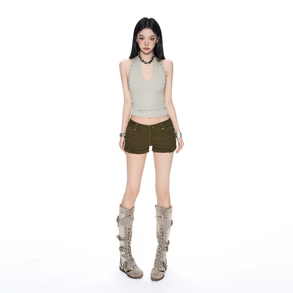 Ss& Summer New Military Green American Retro Niche Hot Girl Low-Waist Elastic Casual Denim Shorts for Women