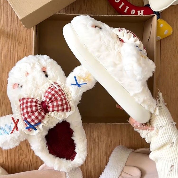 可爱蝴蝶结兔子棉拖鞋女冬季少女心居家室内保暖毛绒包头防滑拖鞋|undefined